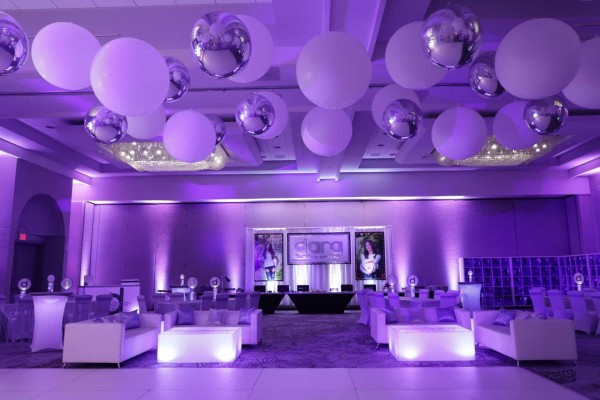 Lavender Lounge with Custom Backdrop & Blowup Photos for Bat Mitzvah at Park Ridge Marriott