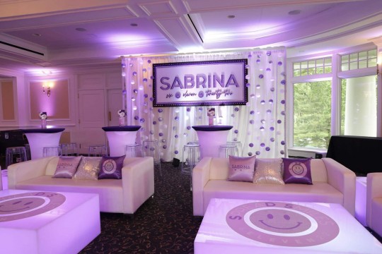Bat Mitzvah Lounge with Custom Backdrop & Balloon Bubble Wall at Scarsdale Golf Club