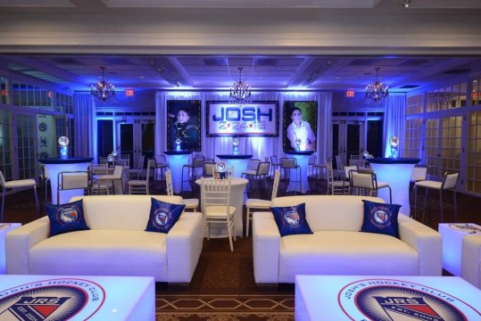 Rangers Themed Lounge with Led Furniture & Custom Logo Decals at Preakness Hills Country Club