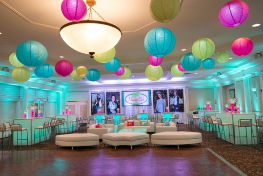 Tropical Themed Bat Mitzvah Lounge with Custom LED Furniture, Logo & Photo Backdrop & LED Lanterns on Ceiling