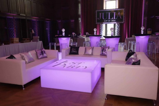 Purple Bat Mitzvah Lounge with LED Logo Tables & Glittered Backdrop at Reid Castle