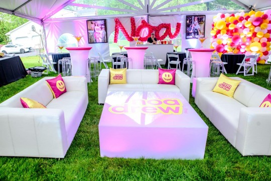 Custom Logo Lounge with Name in Balloons & Blowup Photos for Tent Bat Mitzvah