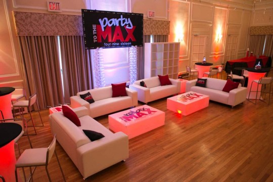 Custom Bar Mitzvah Lounge with LED Furniture, Logo Decals & Backdrop with Lights at CV Rich Mansion