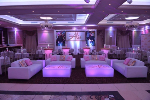 Light Pink & Gold Bat Mitzvah Lounge with LED Furniture, Custom Pillows & Logo & Photo Backdrop at The Terrace at Biaggios
