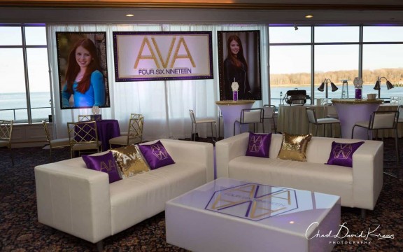 Custom Purple & Gold Bat Mitzvah Lounge with Logo Sign & Blowup Photos  at Glen Island Harbour Club