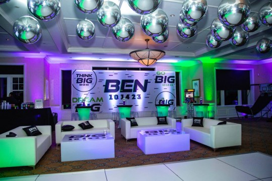 Neon Themed Bar Mitzvah Lounge with Custom LED  Logo Mural, Logo Tables & LED Highboys at Tamarack Country Club