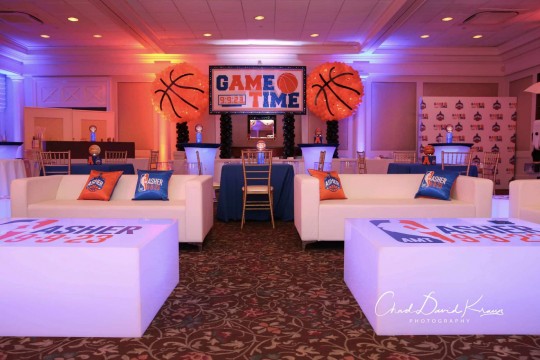 Basketball Themed Bar Mitzvah Lounge with Custom Logo Tables & Pillows at Hampshire Country Club