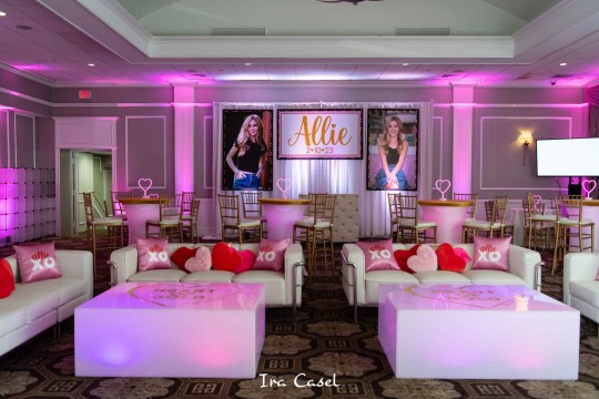 Bat Mitzvah Lounge with Logo LED Tables, High Tops, Custom Pillows, Custom Logo Backdrop & Blow Up Photos at Cedar Hill Country Club