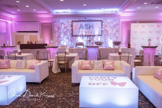 Bat Mitzvah Lounge with LED Tables, Custom Pillows, Logo Backdrop & Bubble Balloon Wall at Hampshire Country Club