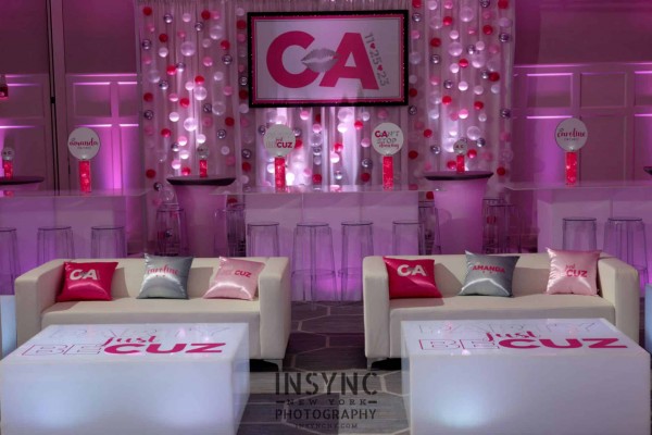 Pink Bat Mitzvah Lounge with Custom LED Logo Tables, Custom Pillows & LED Bubble Wall Backdrop at Quaker Ridge Golf Club