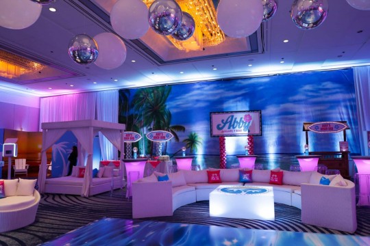 Tropical Themed LED Lounge Setup with Cabanas & Beach Wall Mural at Hyatt Regency, Greenwich CT