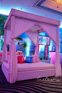 Cabana Bed Lounge with Custom Logo Pillows for Beach Themed Bat Mitzvah