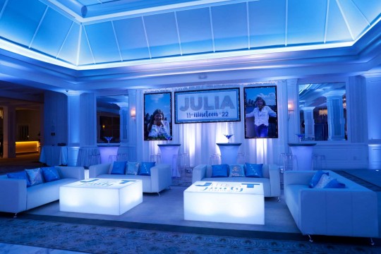Blue Bat Mitzvah Lounge with Custom Glittered Backdrop & Blowup Photos at Edgewood Country Club