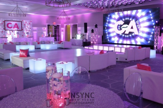 Custom Lounge Decor with LED Logo Tables and Pink Lighting for Cousins Bat Mitzvah at Quaker Ridge Country Club