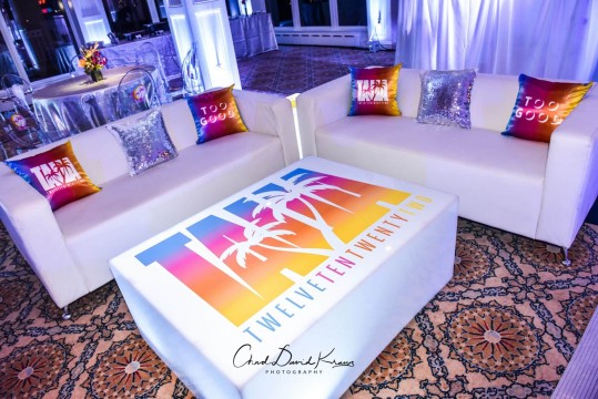 LED Lounge Setup for Beach Themed Bat Mitzvah with Custom Logo Decals & Pillows