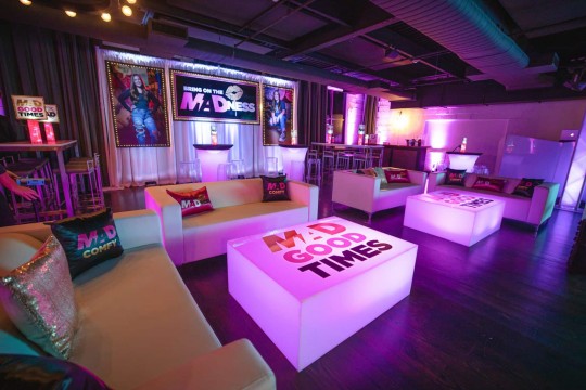 Hot Pink & Gold Lounge Setup with Custom Glittered Backdrop & Blowup Photos at Hudson Loft, Irvington