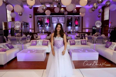 Lavender & Silver Bat Mitzvah Lounge with LED Logo Tables, Custom Pillows & Glittered Logo Backdrop & Blowup Photos at Temple Israel Center