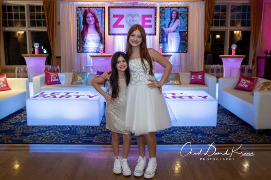 Bat Mitzvah Lounge with LED Logo Tables, Custom Pillows & Backdrop with Blowup Photos at VIP County Club