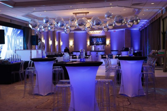 Custom Bar Mitzvah Lounge with LED Hightops, Metallic Orbz Ceiling and Custom Sign at The Hilton, Woodcliff Lake