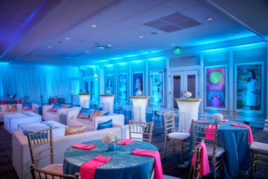 LED Bat Mitzvah Lounge with Custom Logo Tables & Blowup Art at Country House at Bluestone