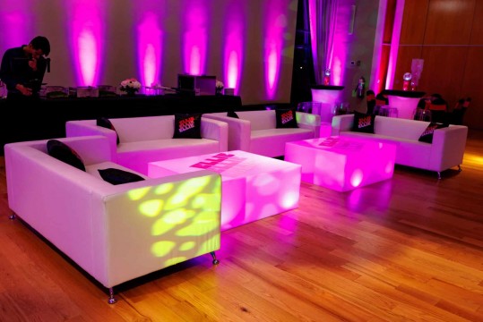 Bat Mitzvah LED Lounge with Custom Decals on Coffee Tables & Logo Pillows at CSAIR, Riverdale