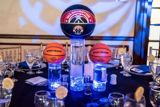Custom Basketball Centerpiece with LED Cylinders and Team Basketballs