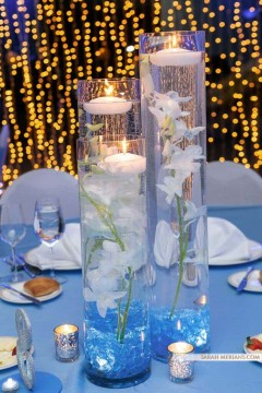 LED Orchid Centerpiece with Light Blue Chips & Floating Candles
