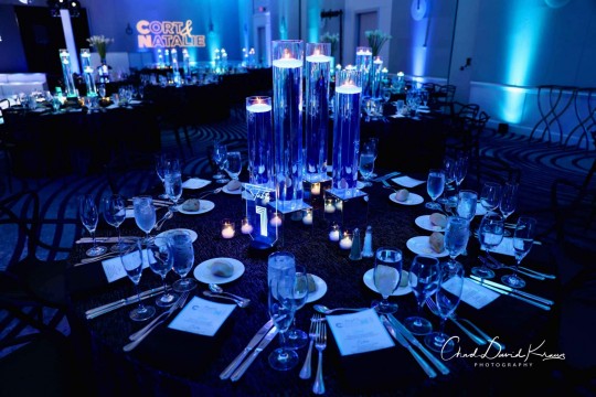 LED Cylinder Centerpiece with Blue Lighting & Candles for Neon Themed B'nai Mitzvah at Hyatt Regency, Greenwich