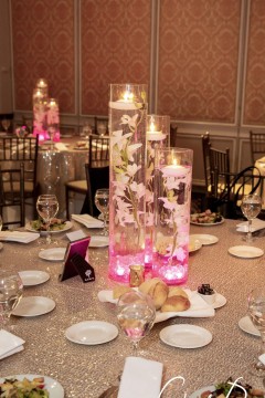 LED Orchid Centerpiece with Hot pink Chips & Gold Votives