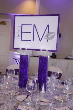 Custom Logo Centerpiece with Glittered Border & LED Aqua Gems Cylinders for Purple Themed Bat Mitzvah