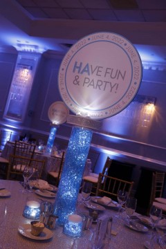Light Blue LED Centerpiece with Custom Logo for Club Themed Bat Mitzvah