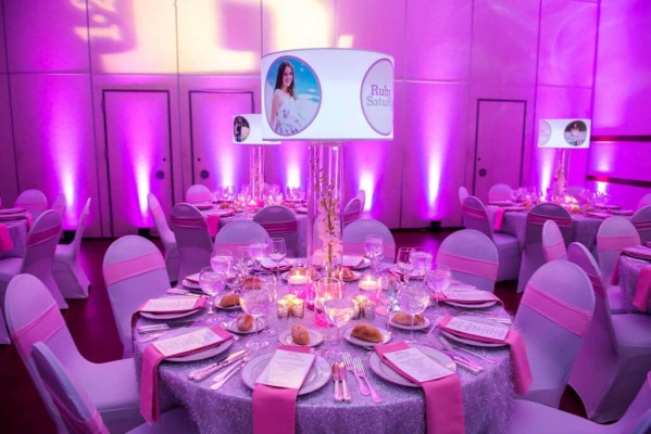 Bat Mitzvah Lampshade Centerpiece with Custom Logo & Photos at Temple Israel Center, White Plains