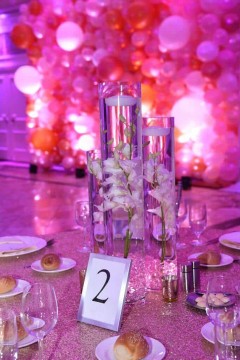 LED Orchid Centerpieces with Light Pink Chips & Gold Votives