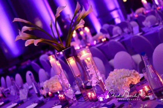 LED Floral Centerpieces with Mirrored Cylinders, Pillar Candles and Votives