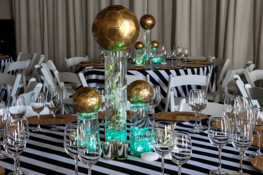 Gold Soccer Ball Centerpiece with LED Lighting, Orchids & LED Tea Lights
