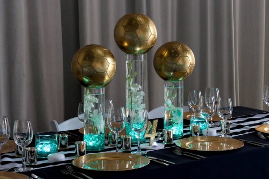 Gold Soccer Ball Centerpiece with LED Lighting, Orchids & LED Tea Lights