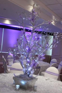 LED Wrapped Silver Tree Centerpiece with Lavender Butterflies & Crystals