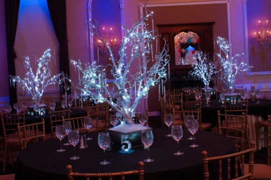 LED Winter Trees with Crystals & Icicles for Fire & Ice Themed B'not Mitzvah at Florentine Gardens