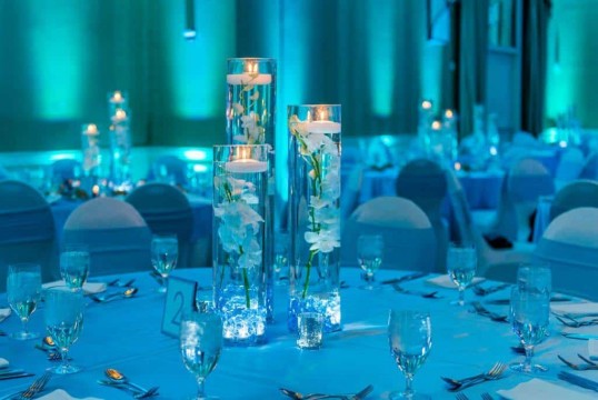 LED Orchid Centerpiece with Light Blue Crystal Chips & Floating Candles