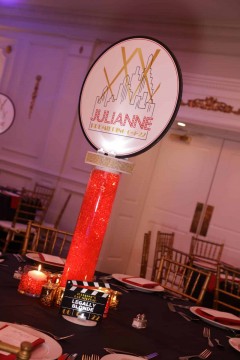 NYC Themed Logo Centerpiece with Clapboard Table Sign
