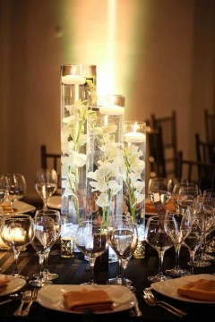 LED Orchid Centerpieces with Clear Chips, White Orchids  & Gold Votives