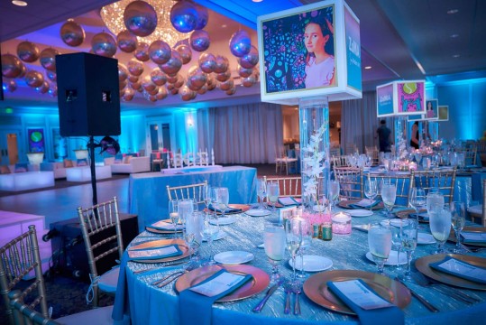Art Theme Lampshade Centerpieces & Gold Orbz Ceiling Treatment at Country House at Bluestone