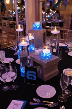 LED Cinder Block Centerpiece with Votives, Cylinders, Floating Candles and Table Sign for Skateboarding Themed Bar Mitzvah