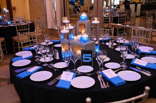 LED Cinder Block Centerpiece with Votives, Cylinders, Floating Candles and Table Sign for Skateboarding Themed Bar Mitzvah