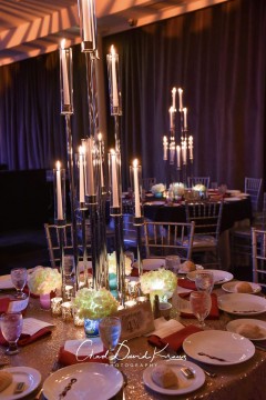 Candelabra Floral Centerpiece with Hydrangeas for Harry Potter Themed Bat Mitzvah