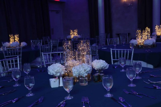 LED Fairy Lights Centerpiece with Hydrangea Accents for Bat Mitzvah at Mulino's at Lake Isle