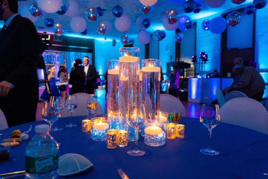 Floating Candles LED Cylinder Centerpiece with Blue chips & Silver Votives