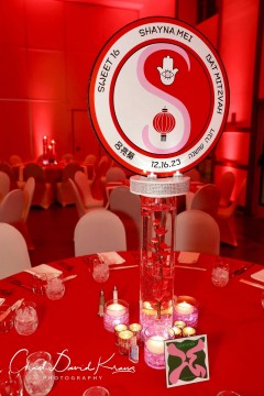 LED Logo Topper Centerpiece with Plum Blossoms for Asian Themed Bat Mitzvah