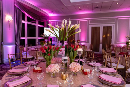 Floral Centerpiece with White Calla Lily, Pink Hydrangeas, Red Tulips and Floating Candles for Valentines Day Themed Bat Mitzvah