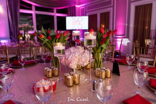 Floral Centerpiece with White Calla Lily, Pink Hydrangeas, Red Tulips and Floating Candles for Valentines Day Themed Bat Mitzvah